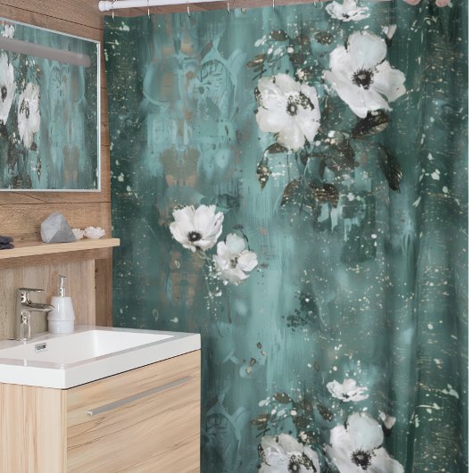 グリーンホワイトフラワーフローラ シャワーカーテン