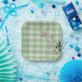 グリーンホワイトフローラギンガムプレイドカントリーファームハウス ペーパープレート (パーティー)