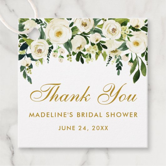 グリーンホワイトフローラブライダルシャワーサンキュー金ゴールド フェイバータグ (正面)