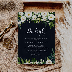 グリーンホワイトフローラベビーQベビーシャワーバーベキュー 招待状