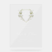 グリーンホワイトフローラモノグラム結婚クレストの歓迎 アクリルサイン (正面)