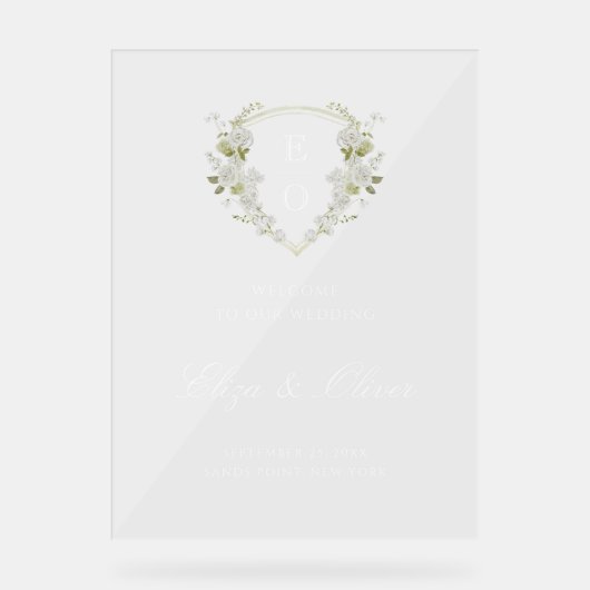 グリーンホワイトフローラモノグラム結婚クレストの歓迎 アクリルサイン (正面)
