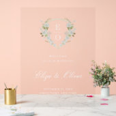グリーンホワイトフローラモノグラム結婚クレストの歓迎 アクリルサイン (ウェディング)