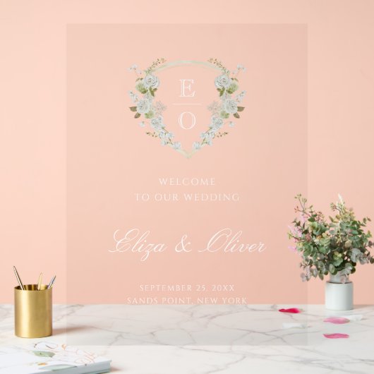 グリーンホワイトフローラモノグラム結婚クレストの歓迎 アクリルサイン (ウェディング)