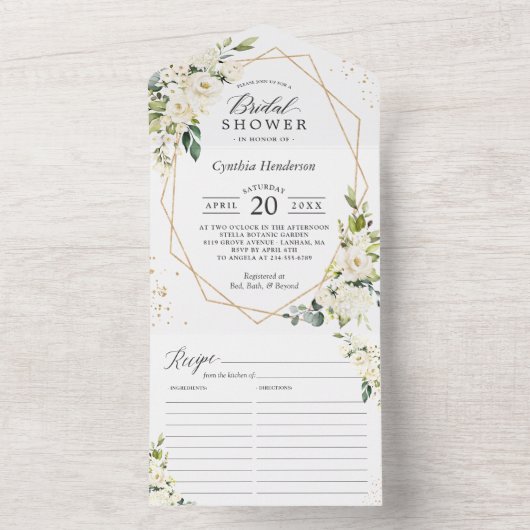 グリーンホワイトフローラ幾何学的ブライダルシャワーレシピ オールインワン招待状 (内側)