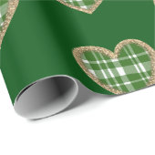 グリーンホワイトプレイド金ゴールドグリッターハートホリデー ラッピングペーパー (ロールコーナー)