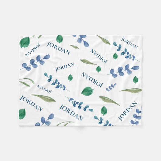 グリーンホワイトボタニカルウォーター離れカラーベビー名 フリースブランケット (正面(横))