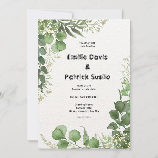 グリーンホワイト図解入りの、写真付きのフローラ結婚式招待状 招待状 (正面)
