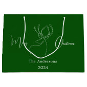 グリーンホワイト抽象芸術トナカイモダンクリスマス ラージペーパーバッグ (正面)