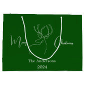 グリーンホワイト抽象芸術トナカイモダンクリスマス ラージペーパーバッグ (裏面)