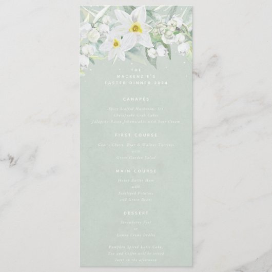 グリーンホワイト春花模様フラット4コースイースター メニュー (正面)