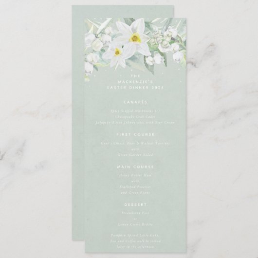 グリーンホワイト春花模様フラット4コースイースター メニュー (正面/裏面)