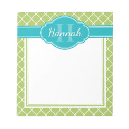 グリーンホワイト格子パターンティール(緑がかった色)モノグラム ノートパッド