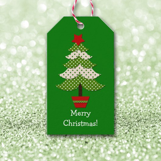 グリーンホワイト水玉模様クリスマスツリー ギフトタグ