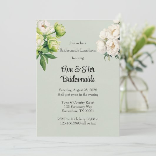 グリーンホワイト牡丹の花嫁エレガントメイドランチョン 招待状 (スタンド正面)