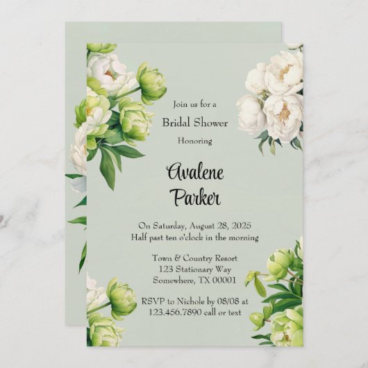 グリーンホワイト牡丹エレガントブライダルシャワー 招待状 (正面/裏面)
