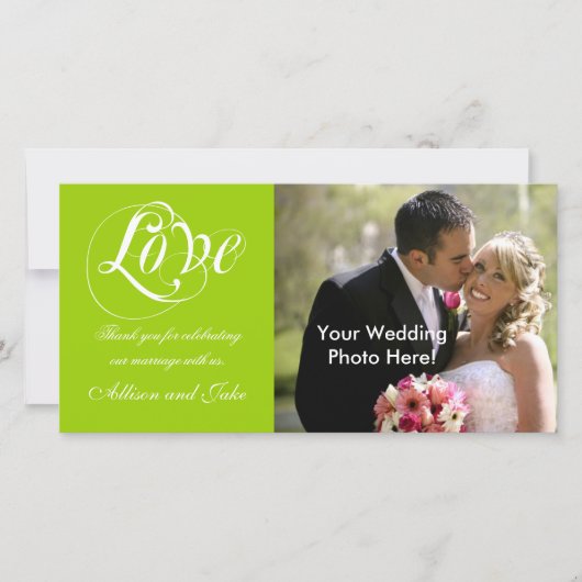 グリーンホワイト結婚の感謝フォトカードテンプレート サンキューカード (正面)