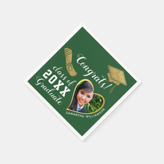 グリーンホワイト金ゴールドクラス2025グラッド写真卒業 スタンダードカクテルナプキン (角)