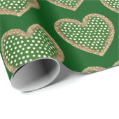 グリーンホワイト金ゴールドグリッター水玉模様ハートホリデー ラッピングペーパー (ロールコーナー)