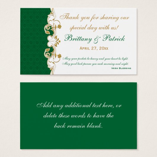 グリーンホワイト金ゴールドスクロールShamrocksメッセージカード (正面&裏面)