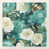 グリーンホワイト金ゴールドバラフローラ ガラスコースター (正面)