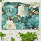 グリーンホワイト金ゴールドバラフローラ キッチンタオル (折り畳み)