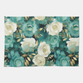 グリーンホワイト金ゴールドバラフローラ キッチンタオル (横)