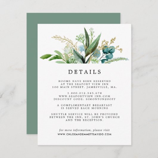 グリーンホワイト金ゴールドボ結婚タニカルズゲスト詳細 エンクロージャーカード (正面/裏面)