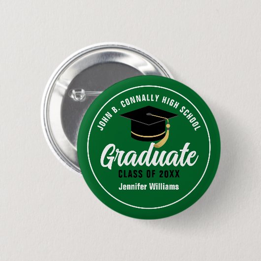 グリーンホワイト高校卒業名前をカスタムするラベル 缶バッジ (正面&裏面)