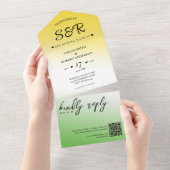 グリーンホワイト&金ゴールドジャマグラデーションリカQRコー結婚ド オールインワン招待状 (貼ってはがせる)