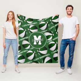グリーンホワイトI loveバスケットボールチームカラーフリースB フリースブランケット