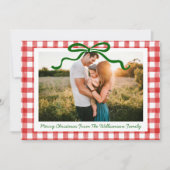 グリーンボウお洒落レッドジンガムプリントクリスマス シーズンカード (正面)