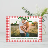 グリーンボウお洒落レッドジンガムプリントクリスマス シーズンカード (スタンド正面)