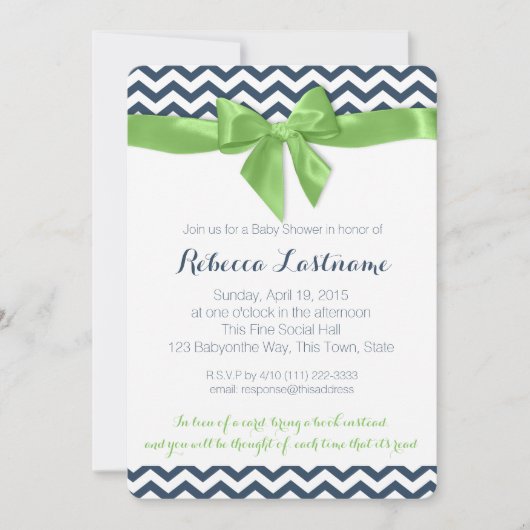 グリーンボウとジグザグベビーシャワー 招待状 (正面)