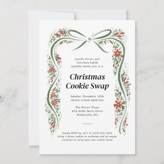 グリーンボウとポインセティアスクリスマスホリデー 招待状 (正面)