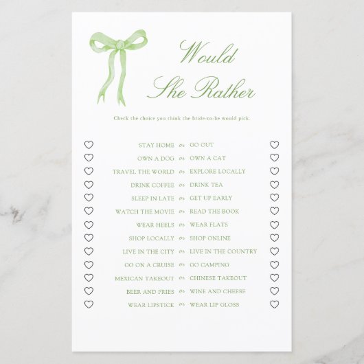 グリーンボウは彼女はむしろブライダルシャワーゲーム (正面)