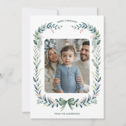グリーンボウウォーター色リースクリスマスフォト シーズンカード (正面)