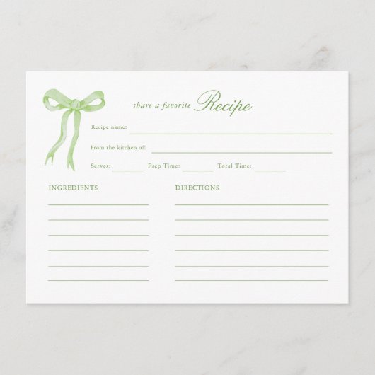グリーンボウタイイングザノットブライダルシャワーレシピ エンクロージャーカード (正面)