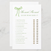 グリーンボウ彼は彼女はブライダルシャワーゲームを言った (正面/裏面)