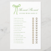 グリーンボウ彼は彼女はブライダルシャワーゲームを言った (正面)