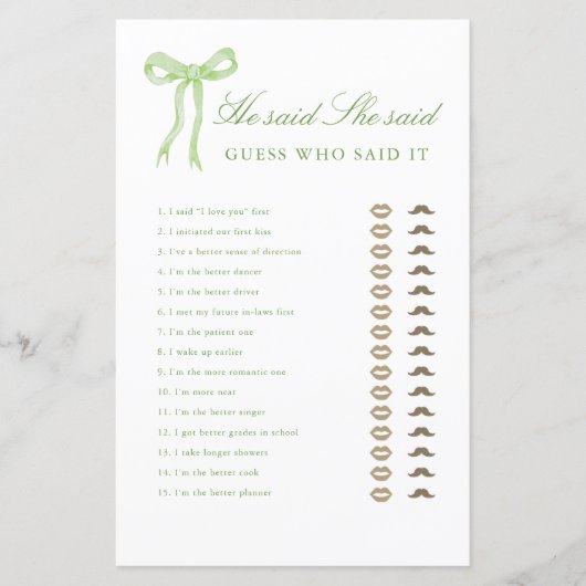 グリーンボウ彼は彼女はブライダルシャワーゲームを言った (正面)