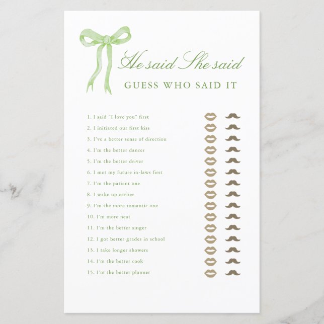 グリーンボウ彼は彼女はブライダルシャワーゲームを言った (正面)