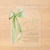 グリーンボウ彼女が結んでいるノットアーチブライダルシャワー アクリル招待状 (正面)