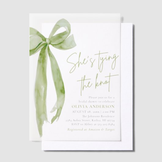 グリーンボウ彼女は結び目のブライダルシャワー ベラム紙招待状 (オフセット)