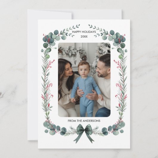 グリーンボウ水彩植物性クリスマスフォト シーズンカード (正面)