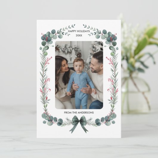 グリーンボウ水彩植物性クリスマスフォト シーズンカード (スタンド正面)
