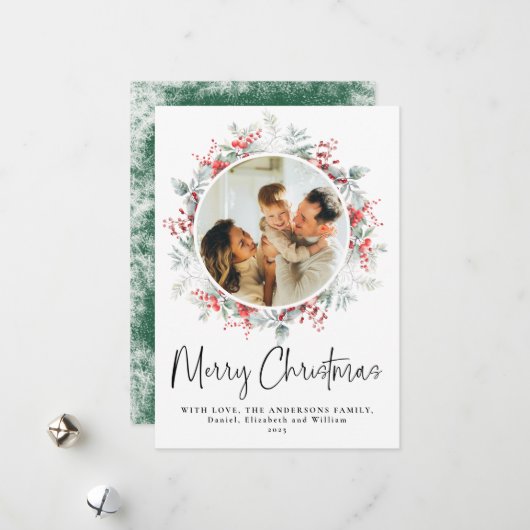 グリーンボエレガントタニカルリースクリスマススクリプト シーズンカード (正面/裏面インサイチュ)