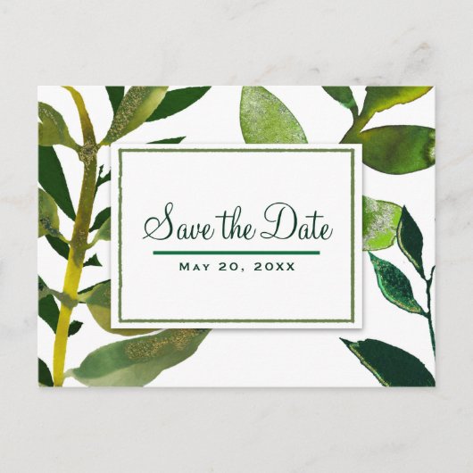 グリーンボタニカルな輝き植物の葉でSave the Date 案内ポストカード (正面)
