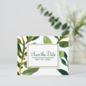 グリーンボタニカルな輝き植物の葉でSave the Date 案内ポストカード (スタンド正面)