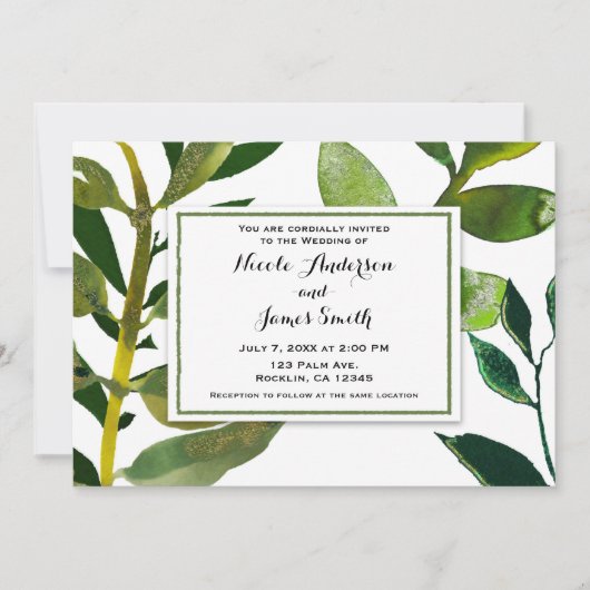 グリーンボタニカルグラムプラント葉エレガントウェディング 招待状 (正面)